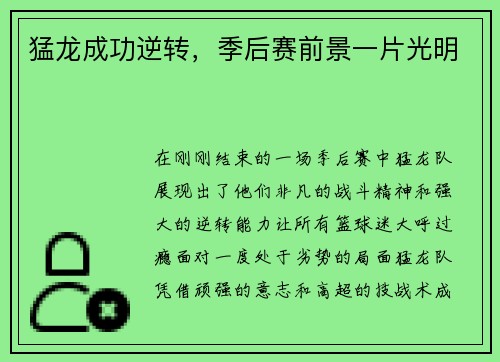 猛龙成功逆转，季后赛前景一片光明